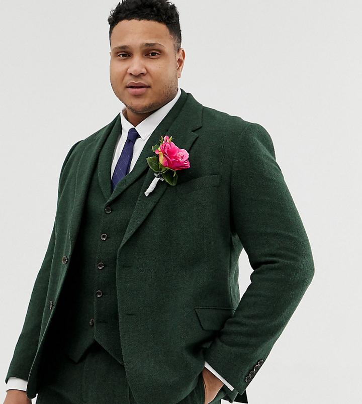 Asos Design Plus Wedding Slim Suit Jacket In Green Wool Mix Herringbone