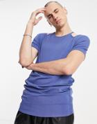 Asos Design Muscle T-shirt With Neck Cut Outs In Blue-blues