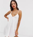 Asos Design Tall Beach Dress In Seersucker With Rouloux Straps & Cut Out Neck - White