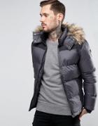 Schott Quilted Padded Jacket With Detachable Hood - Gray