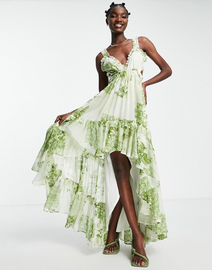 Asos Design Waterfall Dress With Raw Edge Finish In Green Patchwork Print