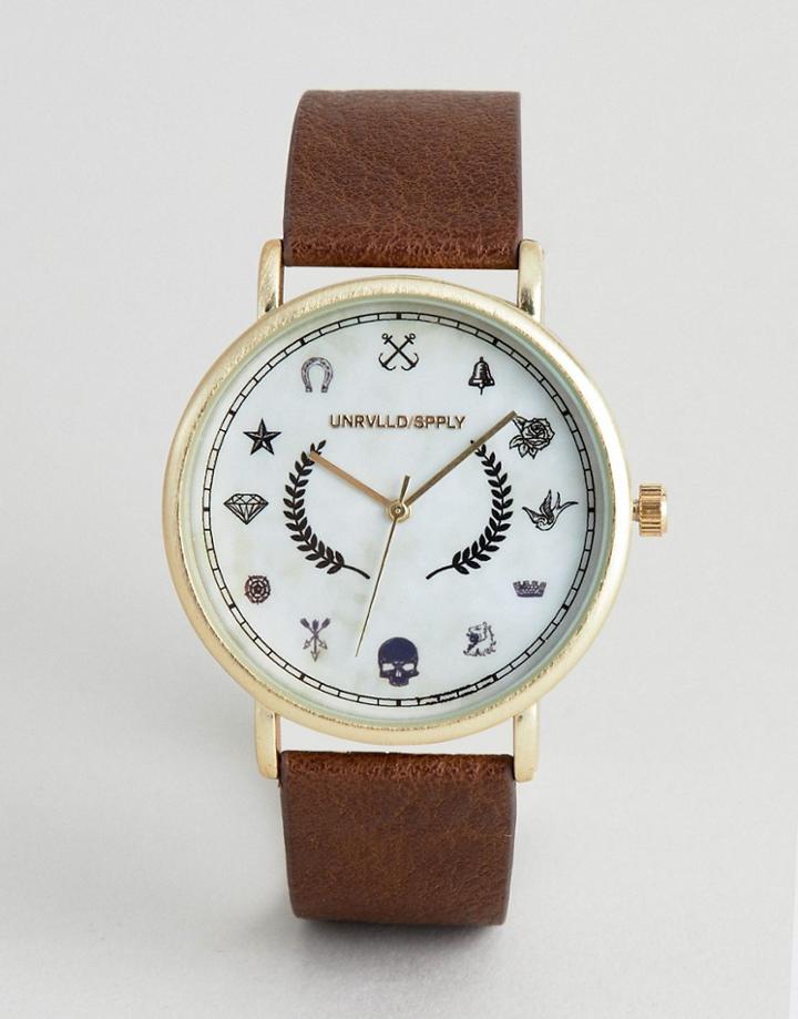 Asos Design Watch With Printed Dial And Gold Highlights In Brown - Brown