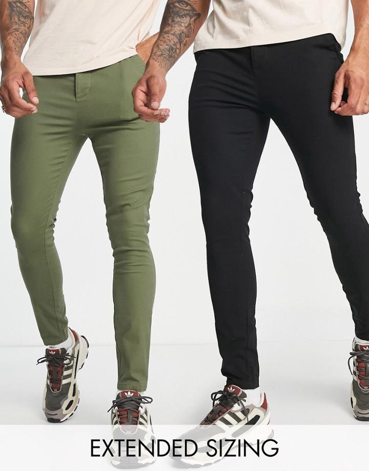 Asos Design 2 Pack Power Stretch Chinos In Black And Dark Khaki Save-multi