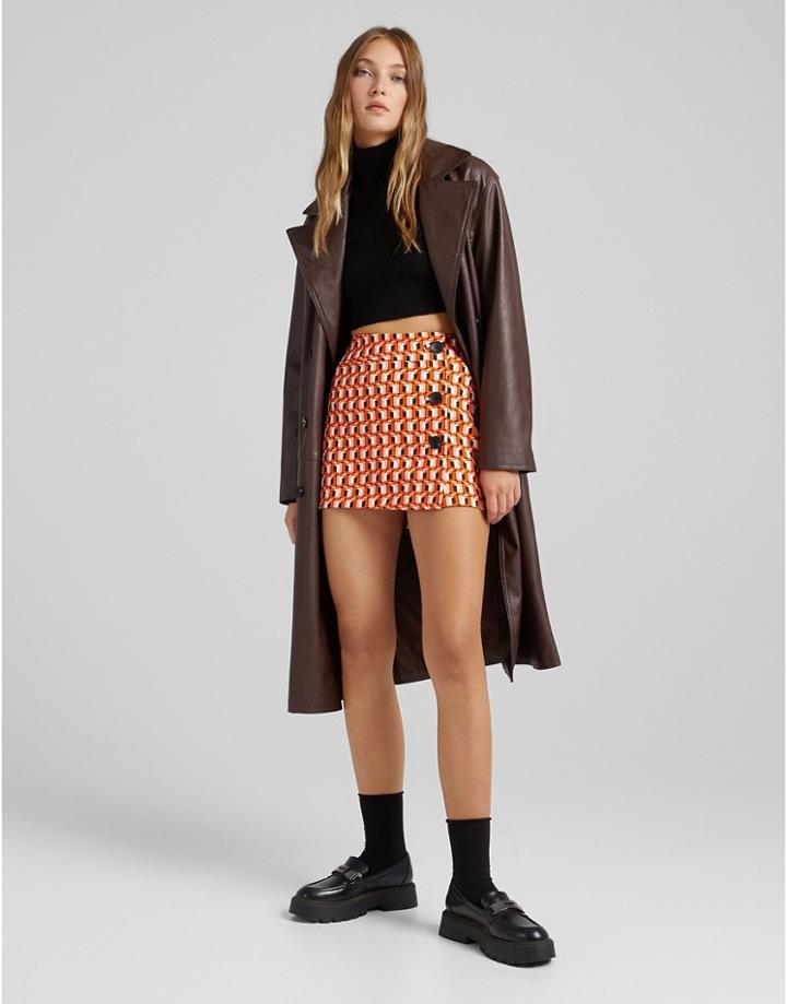 Bershka Retro Geo Print Mini Skirt In Orange