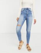 Stradivarius Super High Waist Skinny Jean With Rip In Light Blue-blues