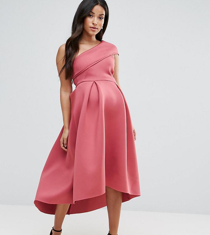 Asos Maternity Petite One Shoulder Foam Scuba Dip Back Midi Skater Dress-pink