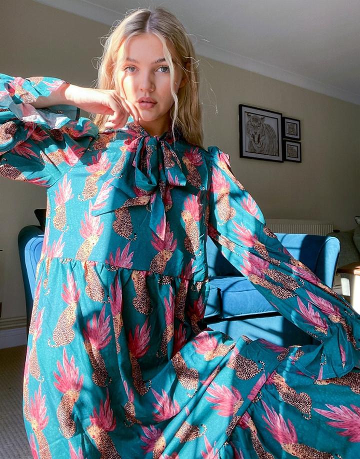Never Fully Dressed Tie Neck Trapeze Maxi Dress In Green Leopard Leaf Print-multi