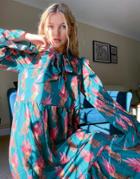 Never Fully Dressed Tie Neck Trapeze Maxi Dress In Green Leopard Leaf Print-multi