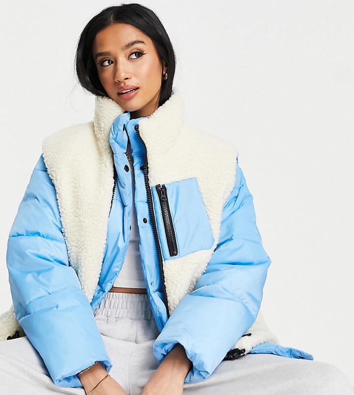 Asos Design Petite Padded Jacket With Detachable Sherpa Vest In Blue And Cream-green
