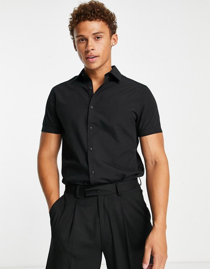 Topman Short Sleeve Slim Smart Shirt In Black