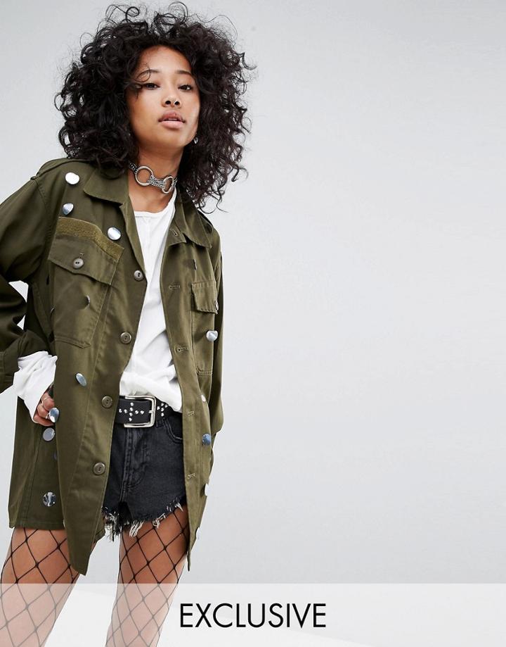 Milk It Vintage Embellished Military Shirt Jacket - Green