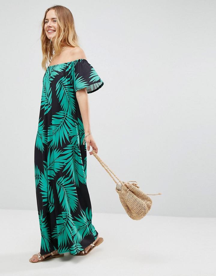 Asos Off Shoulder Maxi Sundress In Black Palm Print - Multi