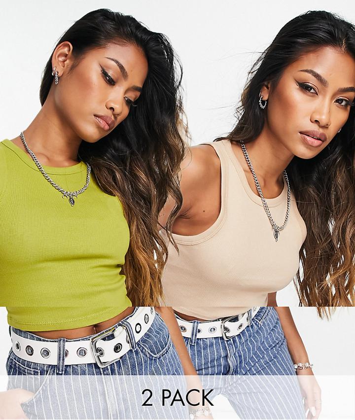 Bershka 2 Pack Ribbed Cropped Racer Tank Top In Sage & Camel-multi