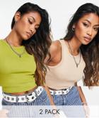 Bershka 2 Pack Ribbed Cropped Racer Tank Top In Sage & Camel-multi