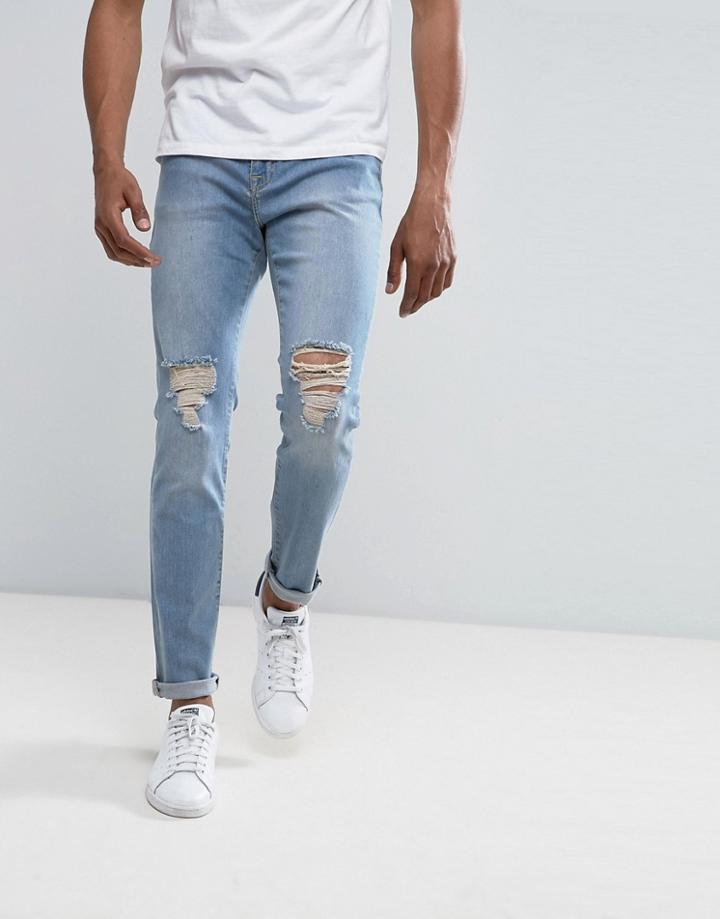Brooklyn Supply Co Skinny Jeans Bleach Double Heavy Knee Slit - Blue