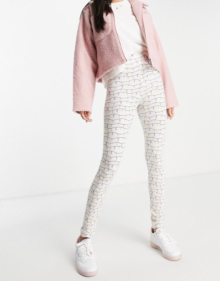 Monki Cotton Christmas Lights Leggings In Cream - Part Of A Set - Cream-white