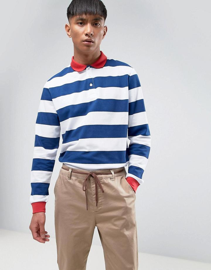 Asos Relaxed Long Sleeve Rugby Polo With Block Stripe In Pique - Blue