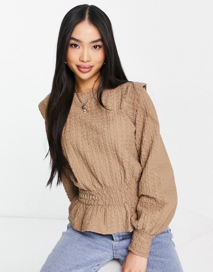 Pieces Peplum Textured Top In Camel-neutral