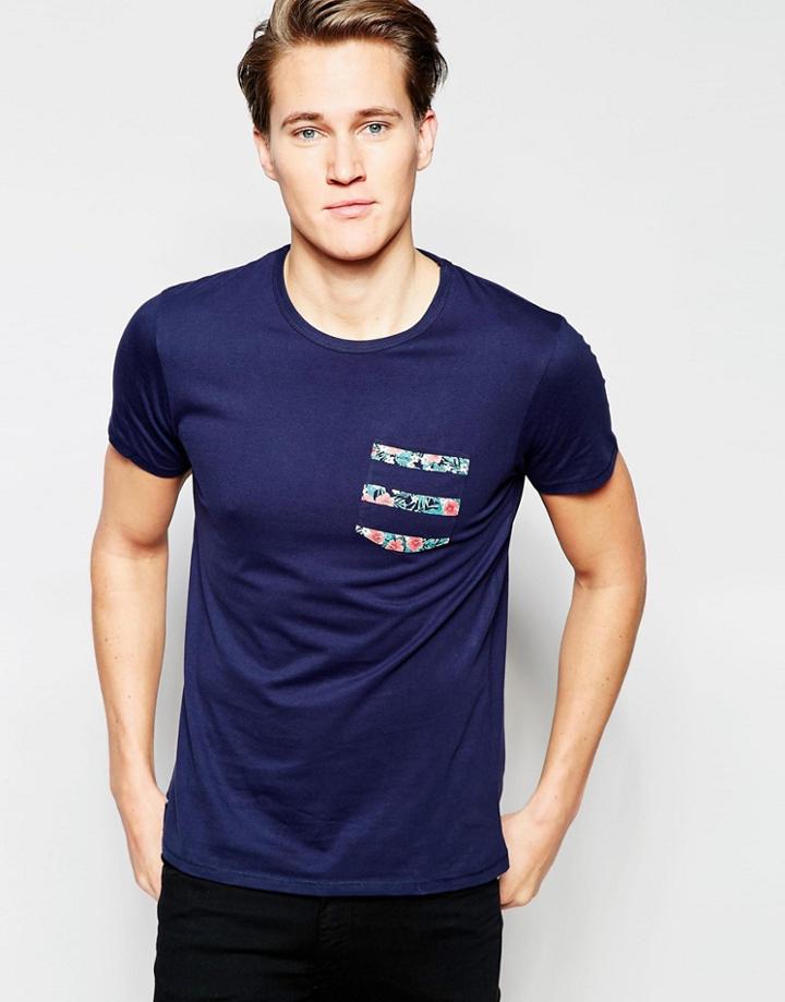 Threadbare Contrast Floral Pocket T-shirt - Navy