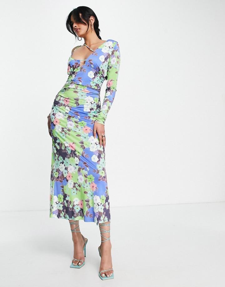 Asos Design Strappy One Shoulder Midi Dress With Ruching Detail In Bright Floral-multi