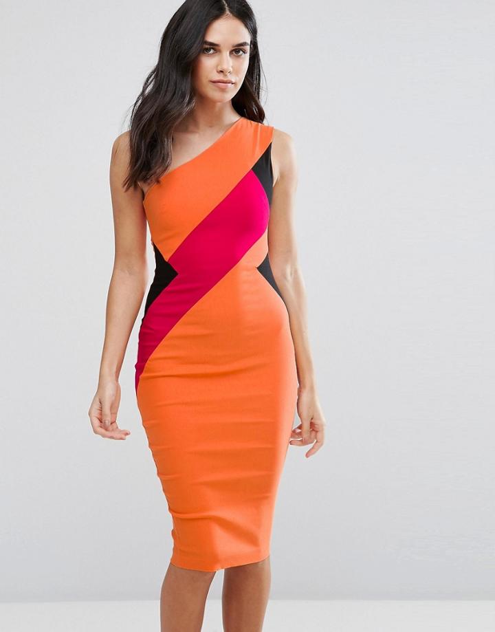 Vesper One Shoulder Color Block Pencil Dress - Pink