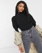 Object High Neck Knitted Top With Puff Sleeve In Black