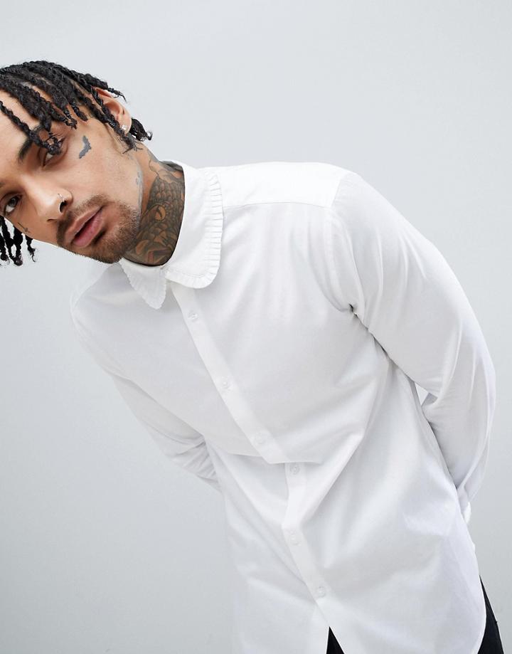 Asos Design Slim Fit Sateen Shirt With Pleated Trim - White