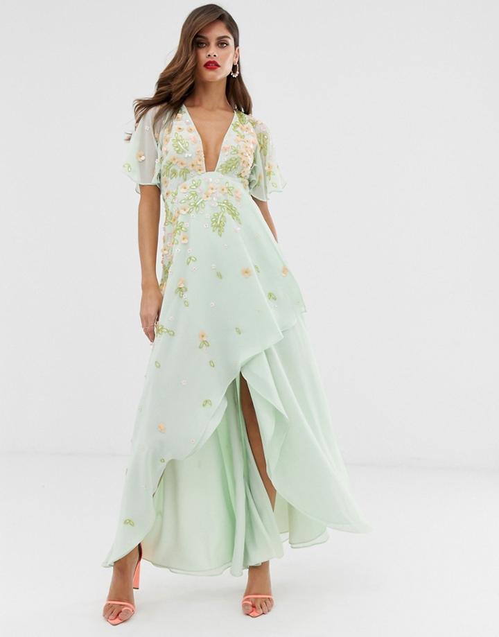 Asos Design Dipped Hem Maxi Dress With 3d Embellishment And Ruffle Sleeve - Green