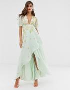 Asos Design Dipped Hem Maxi Dress With 3d Embellishment And Ruffle Sleeve - Green