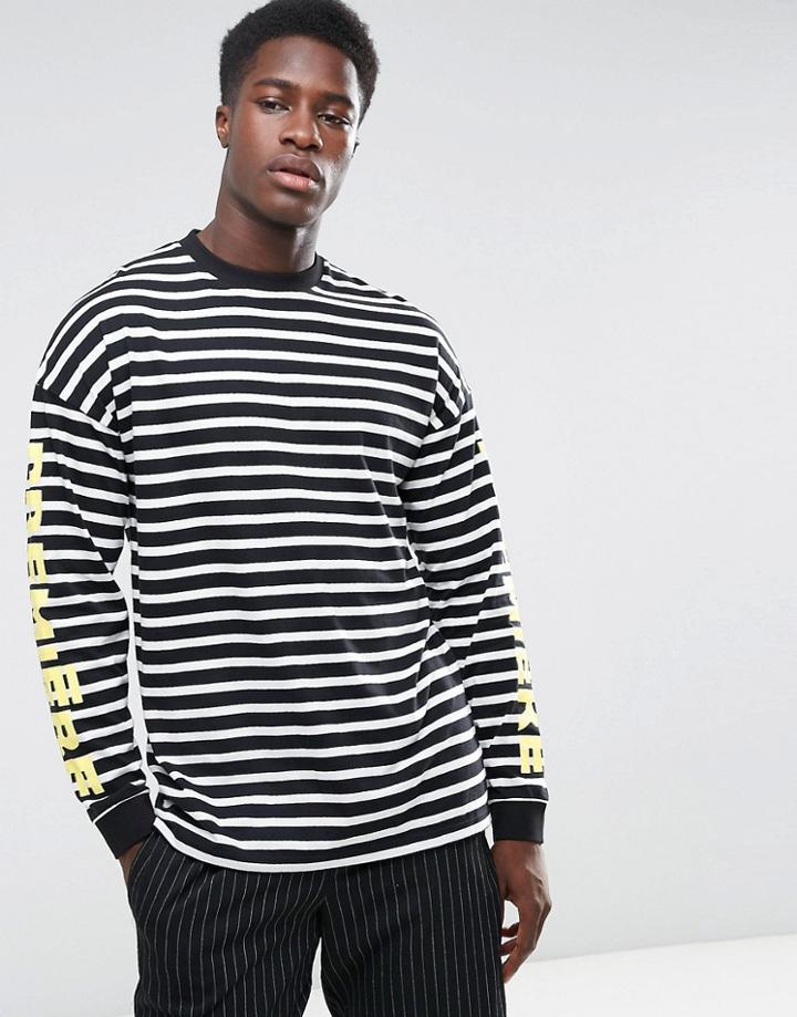 Asos Oversized Stripe Long Sleeve T-shirt With Sleeve Prints - Black