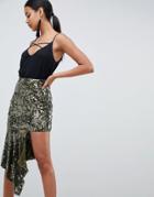 Asos Design Asymmetric Hem Embellished Midi Skirt-green