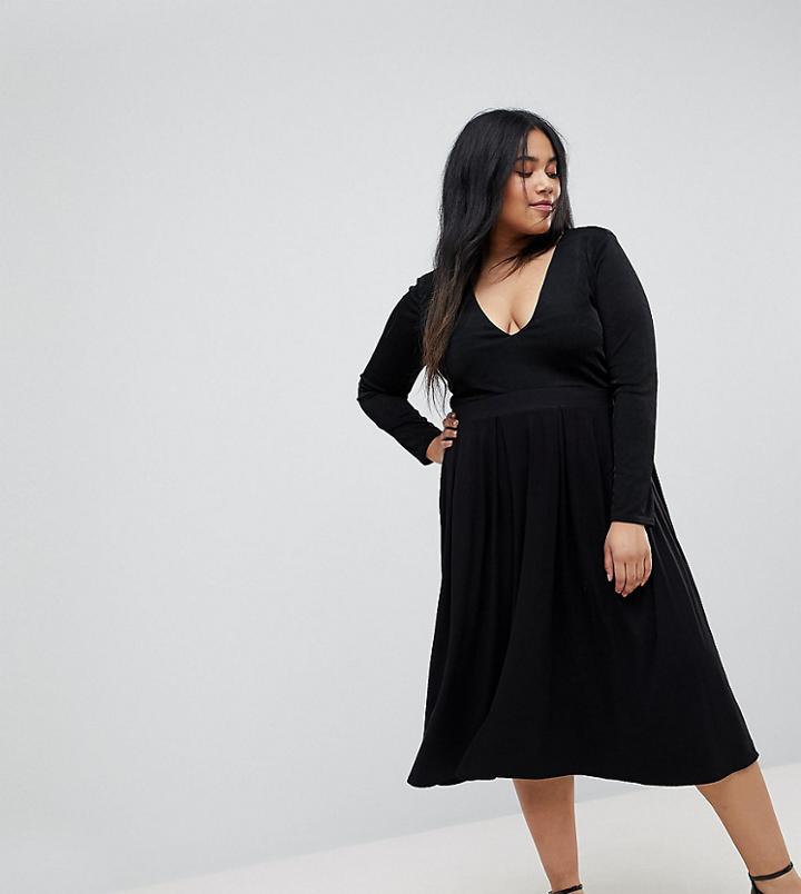 Asos Curve Midi Skirt With Box Pleats - Black