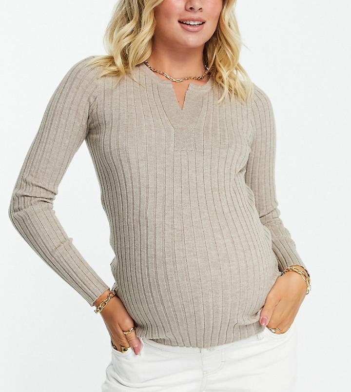 Pieces Maternity Ribbed Knit Long Sleeve Top With Notch Neck In Beige-neutral