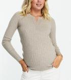 Pieces Maternity Ribbed Knit Long Sleeve Top With Notch Neck In Beige-neutral