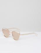 Asos Cat Eye Sunglasses With Wire Highbrow And Double Nose Bridge In Rose Gold - Gold