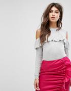 Fashion Union Knitted Sweater With Cold Shoulder & Frill Detail - Gray