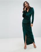 Outrageous Fortune Plunge Front Wrapover Maxi Dress In Velvet - Green