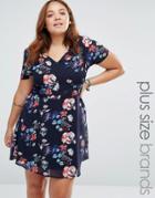 Yumi Plus Tea Dress With Lace Inserts In Floral Print - Navy