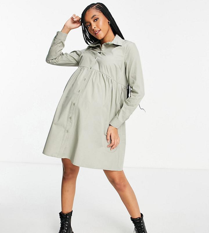 Asos Design Maternity Cotton Mini Smock Shirt Dress In Khaki-green
