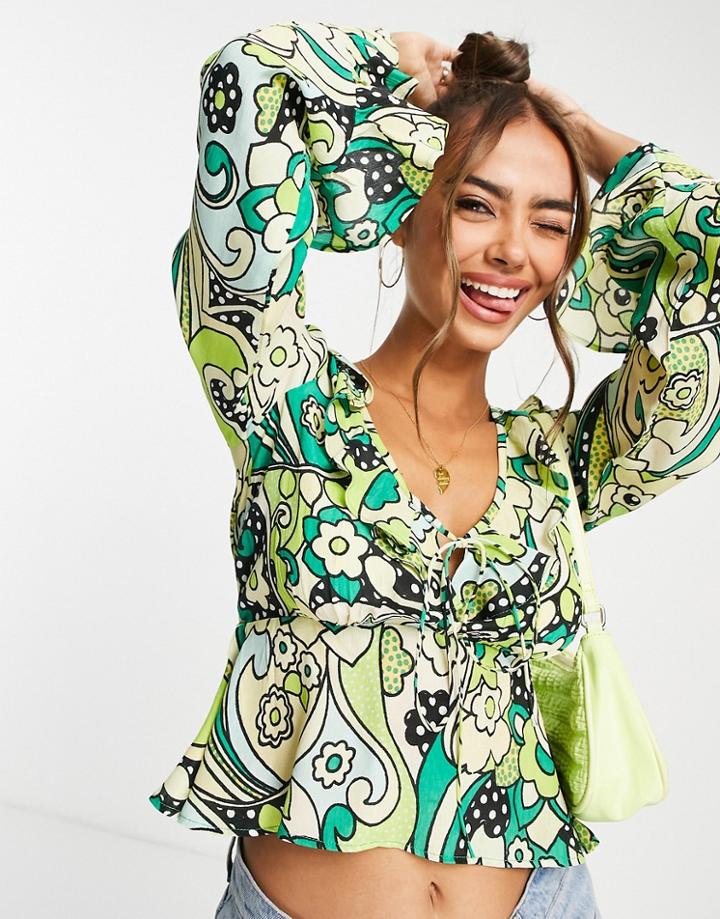 Asos Design Frill Detail Blouse With Tie Front In Green 60s Print-multi