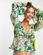 Asos Design Frill Detail Blouse With Tie Front In Green 60s Print-multi