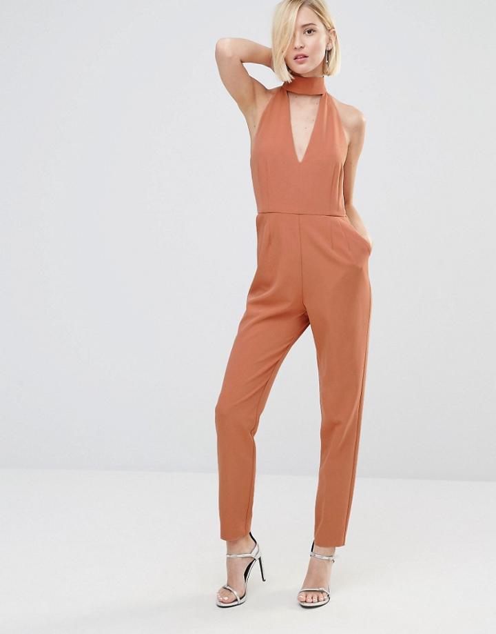 Lavish Alice Keyhole High Neck Deep Plunge Jumpsuit - Deep Tan