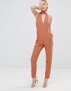 Lavish Alice Keyhole High Neck Deep Plunge Jumpsuit - Deep Tan