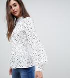 Asos Design Tall High Neck Top With Tuck Detail In Polka Dot - Multi