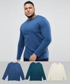 Asos Design Plus 3 Pack Long Sleeve T-shirt With Crewneck Save-multi