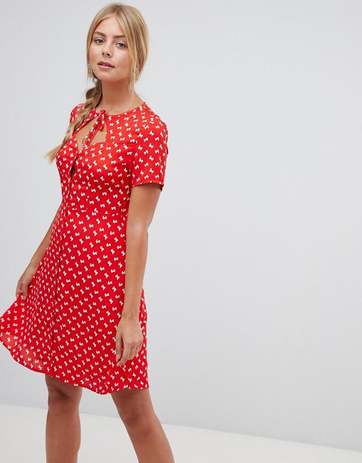 Gilli Printed Skater Dress With Key Hole-red