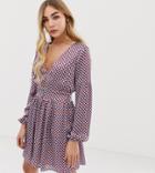 Missguided Long Sleeve Frill Dress In Geo Print - Multi