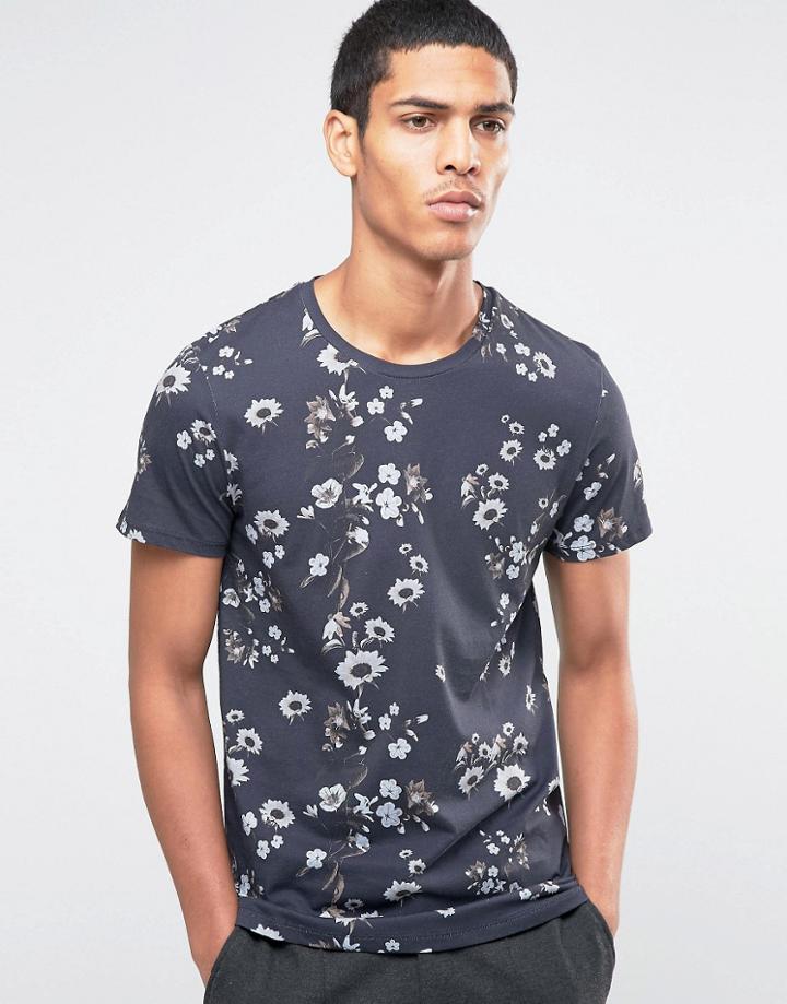 Selected Homme Crew Neck T-shirt With All Over Floral Print - Navy
