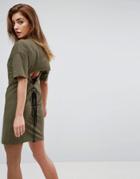 Asos Lace Up Back T-shirt Dress - Green