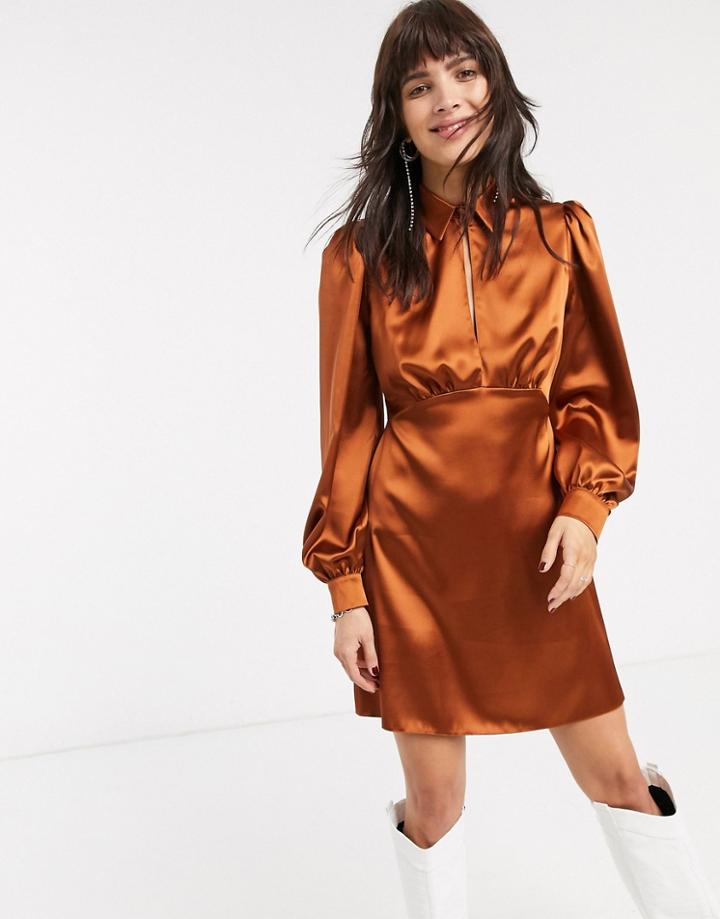 Asos Design Mini Satin Tea Dress With Collar